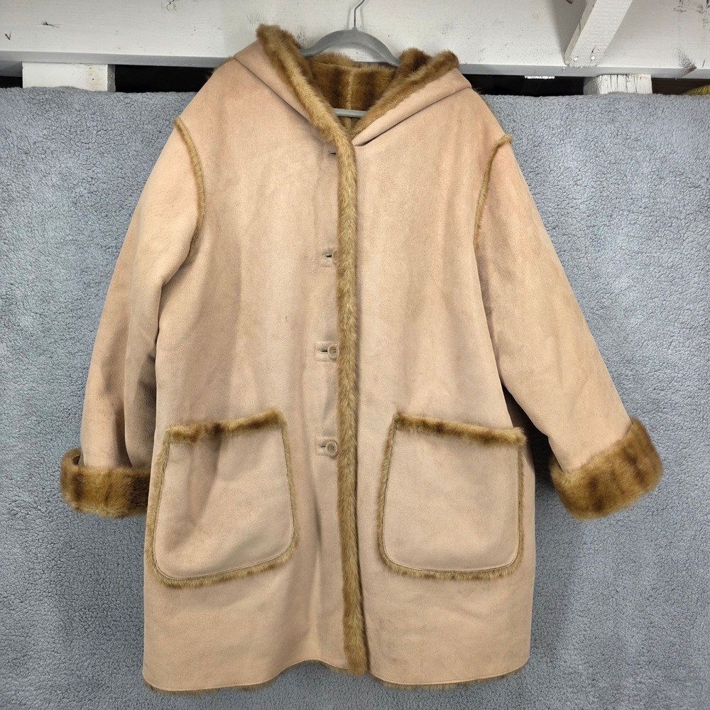 Jones New York Reversible Faux Fur‎ Suede Hooded Coat Tan Brown Plus 2X - Picture 2 of 16